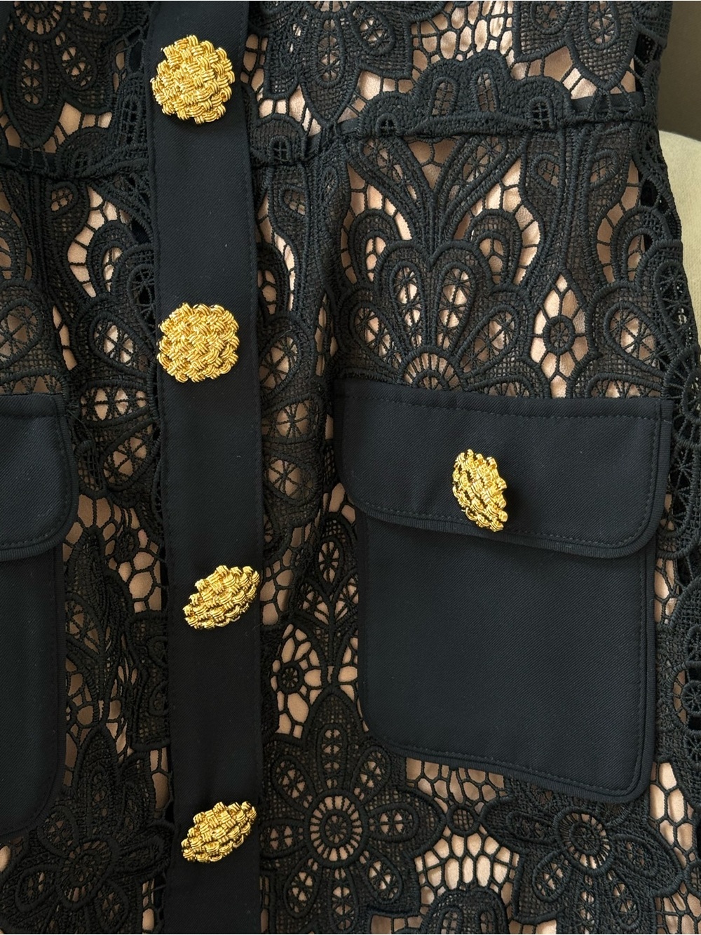 Self-Portrait Black Lace Midi Dress with White Peter Pan Collar and Gold Buttons - Picture 2 of 3
